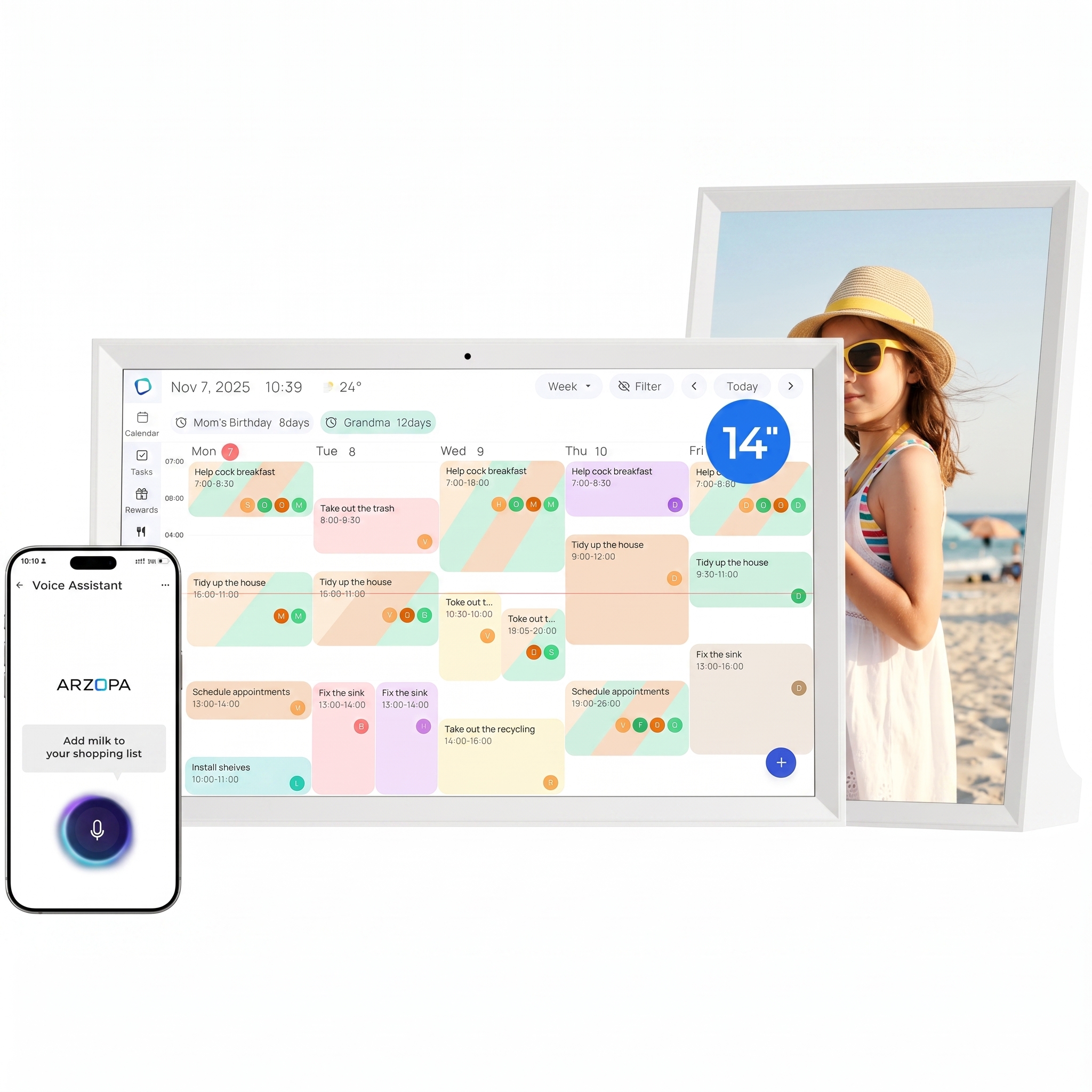 ARZOPA 14.0" Digital Calendar Chore Chart Meal Planner Touchscreen